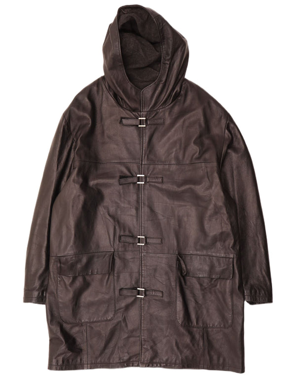 Vintage Herren Duffle Lederjacke mit Kapuze IT 54 2XL Schwarzes Leder