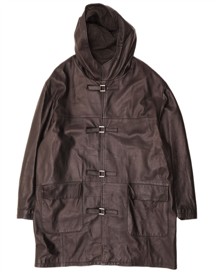 Vintage Herren Duffle Lederjacke mit Kapuze IT 54 2XL Schwarzes Leder