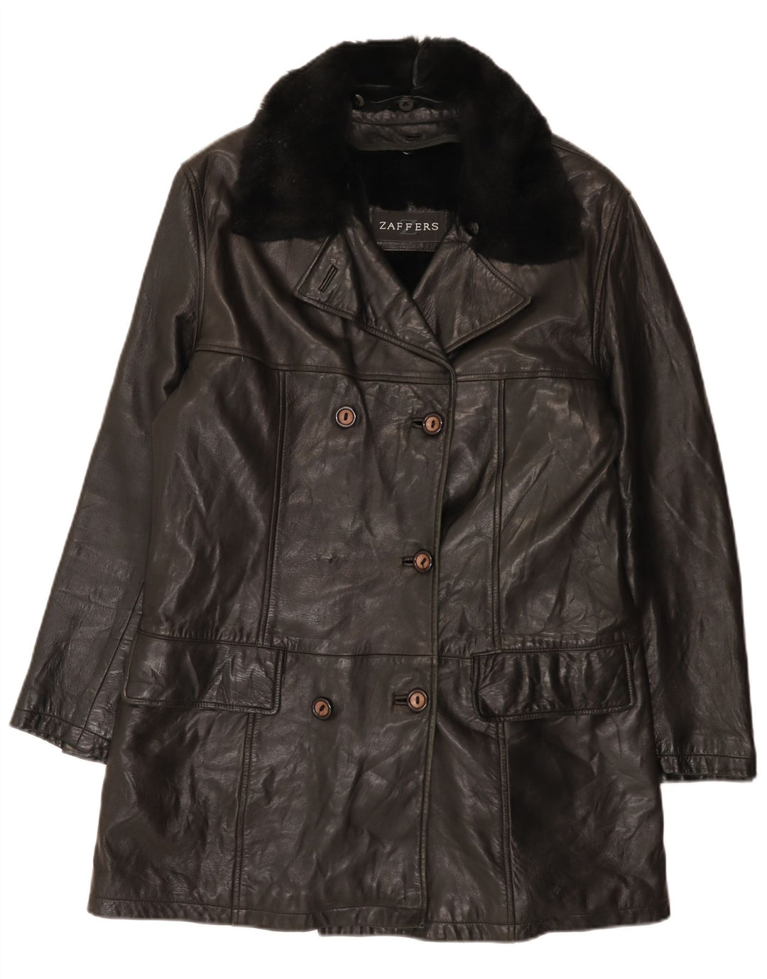 Zaffers Damen Zweireihiger Ledermantel IT 42 Mittelschwarzes Leder