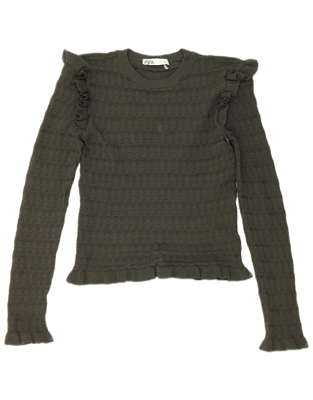 Zara Damen Crop Ruffle Front Top Langarm UK 8 Small Khaki Polyester