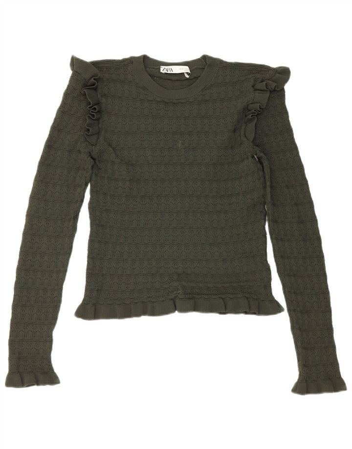 Zara Damen Crop Ruffle Front Top Langarm UK 8 Small Khaki Polyester