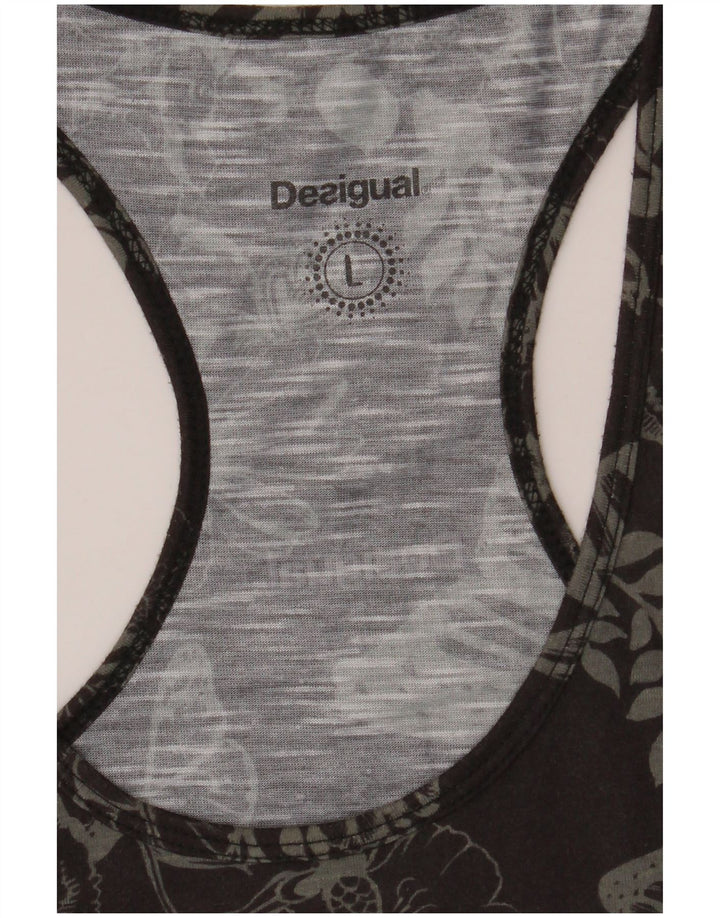 Desigual Womens Graphic Vest Top UK 14 Large Black Floral