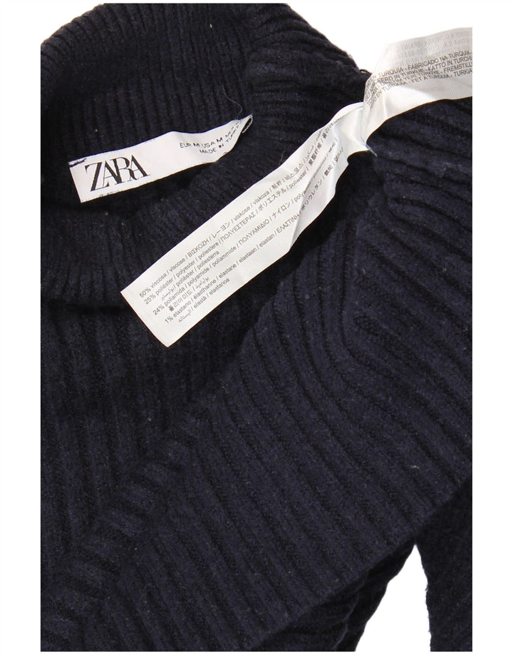 Zara Damen Crop Rollkragenpullover Pullover UK 14 Mittelmarineblaue Viskose