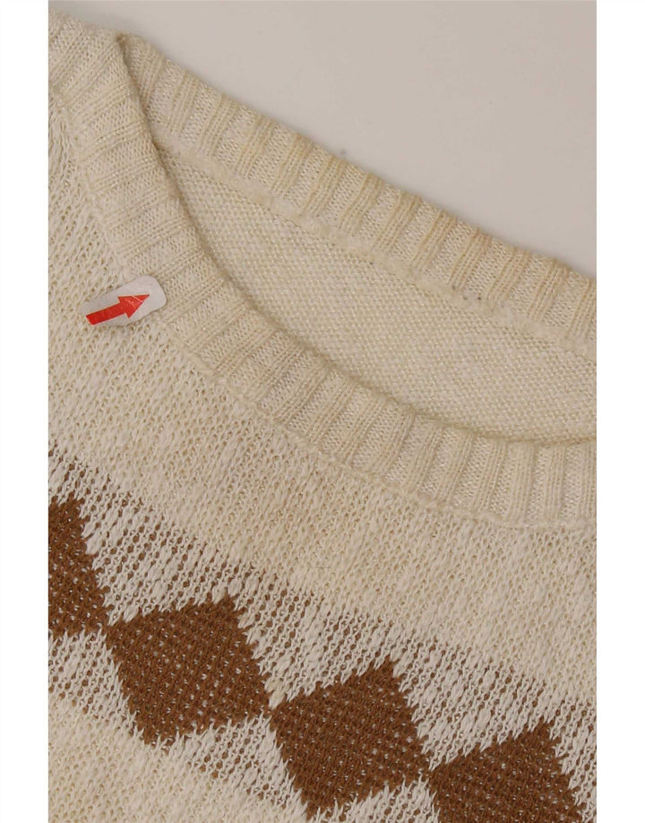 Vintage Damen Pullover mit U-Boot-Ausschnitt, UK 14, mittelweiß, geometrisch