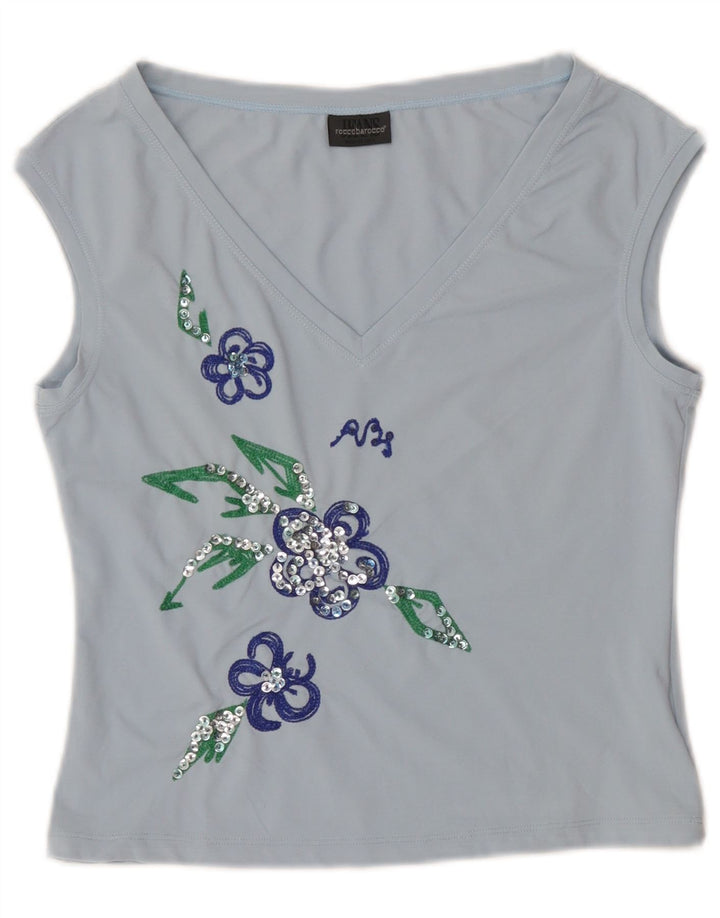 Roccobarocco Damen Crop Graphic Weste Top IT 44 Mittelblaues, geblümtes Nylon