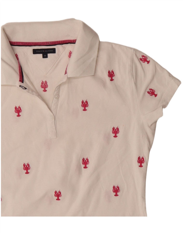 Tommy Hilfiger Damen-Poloshirt mit abstraktem Muster, UK 12, mittelweiße Baumwolle