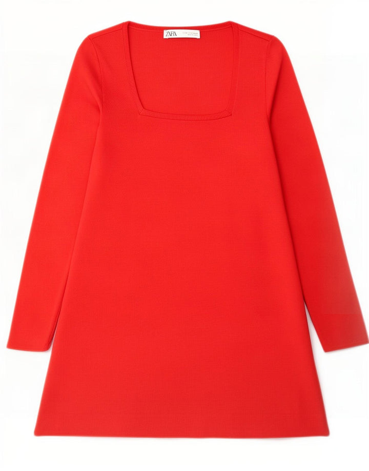 Zara Damen Langarm-A-Linien-Kleid UK 14 Mittelrotes Polyester