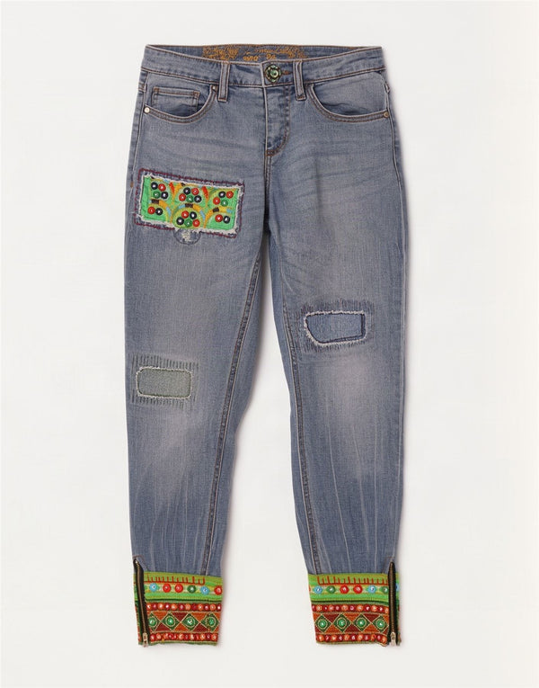 Desigual Damen Jogger Tapered Jeans W24 L27 Blau Patchwork
