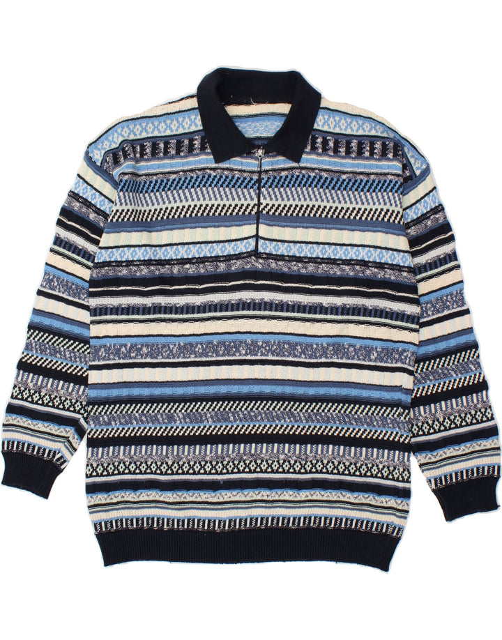 VINTAGE Herren-Pullover mit Polokragen, groß, blau gestreift