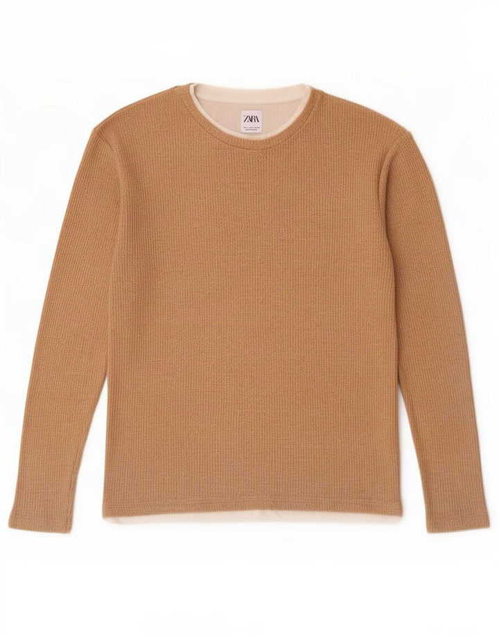Zara Herren-Oberteil, langärmelig, klein, Beige, Baumwolle