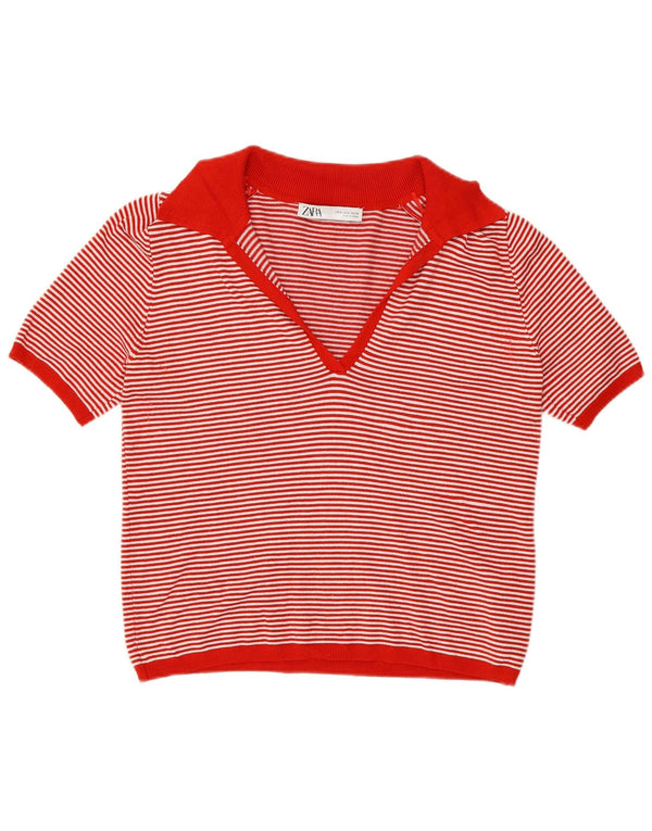 Zara Damen Poloshirt UK 10 Kleine rot gestreifte Viskose