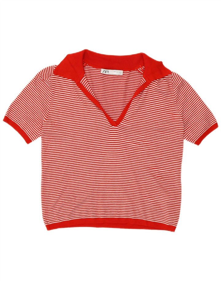 Zara Damen Poloshirt UK 10 Kleine rot gestreifte Viskose