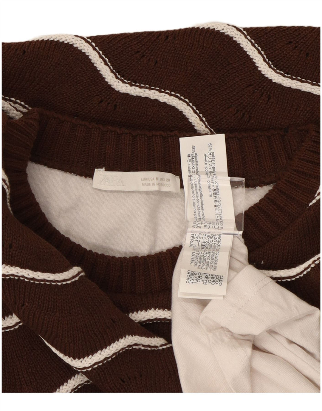 ZARA Damen Pullover mit Rundhalsausschnitt, UK 14, mittelbraun gestreift