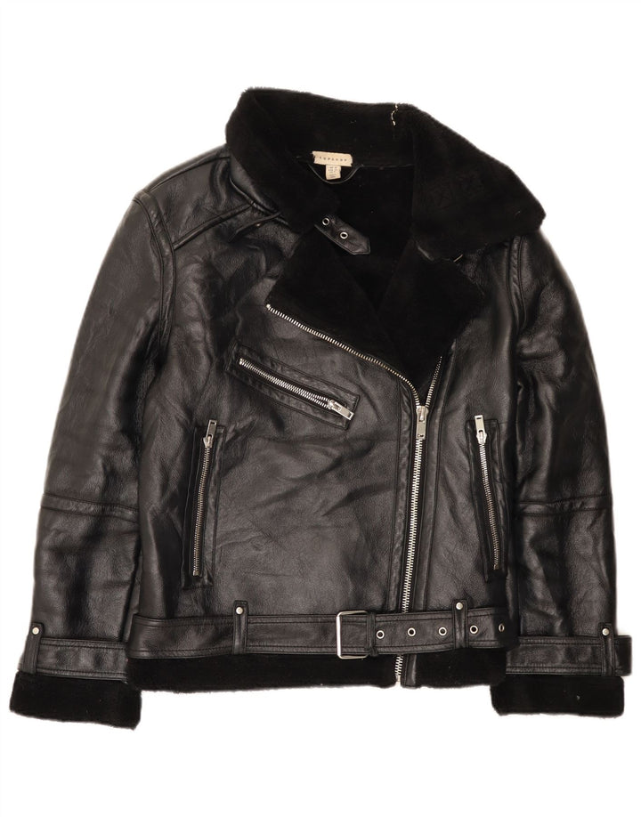 Übergroße Sherpa-Bikerjacke für Damen von Topshop, UK 10, Größe S, Schwarz, Polyurethan