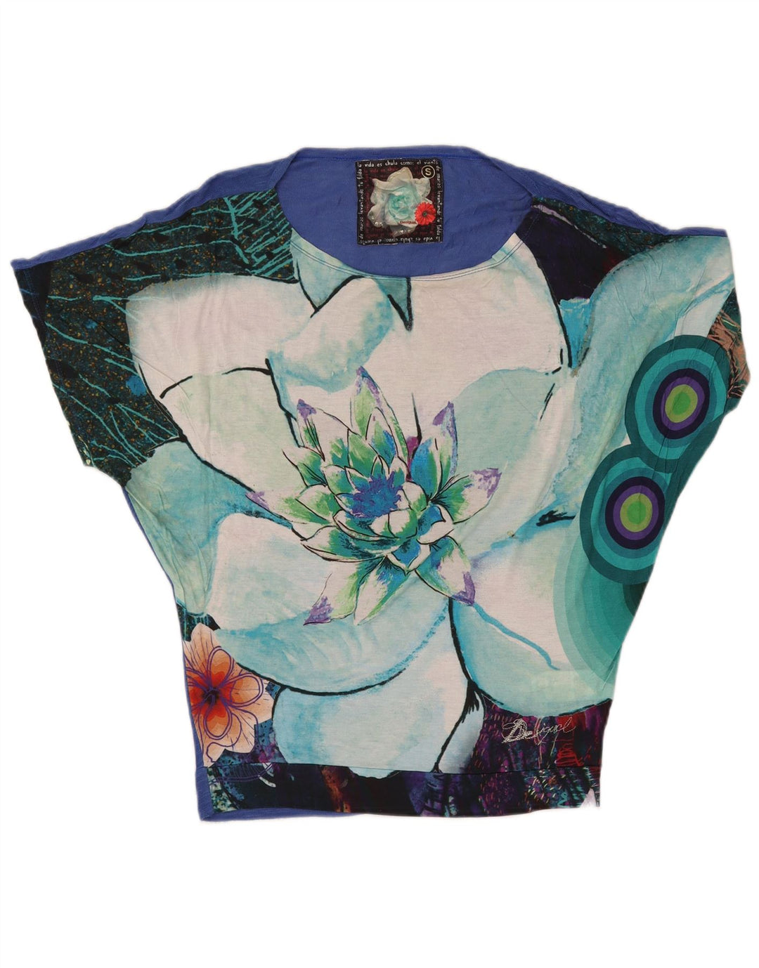 DESIGUAL Damen-Blusenoberteil mit Fledermausärmeln, Gr. 10, klein, Viskose mit blauem Blumenmuster
