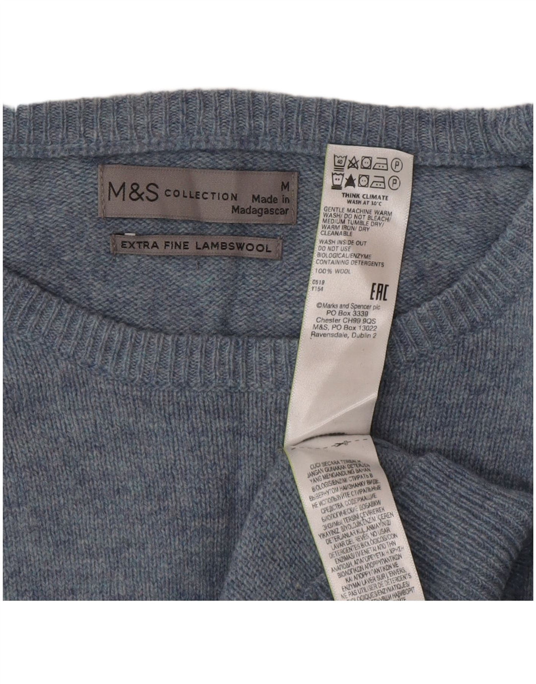Marks & Spencer Herren-Pullover mit U-Boot-Ausschnitt, mittelblaue Wolle, klassisch