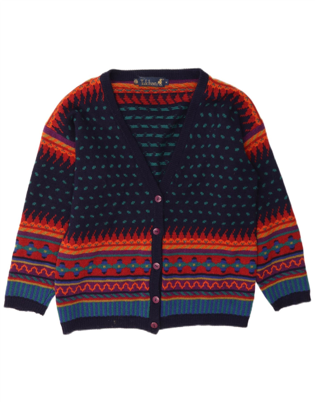 Tulchan Damen-Cardigan-Pullover UK 14 Medium Mehrfarbige geometrische Wolle