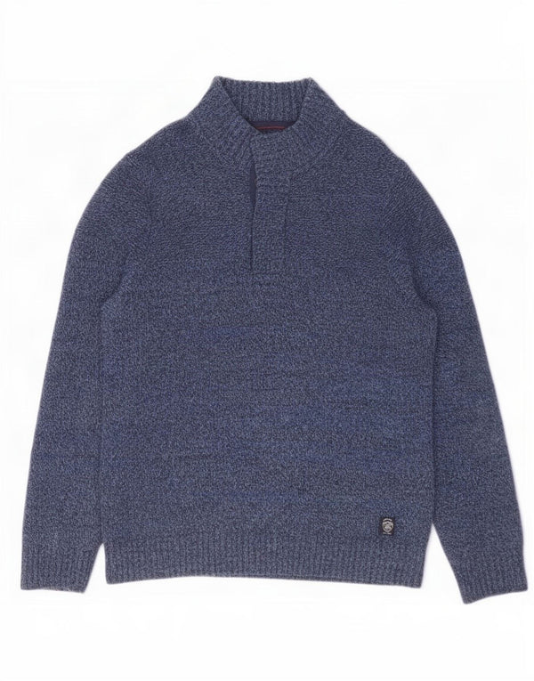 Fat Face Herren-Pullover mit Knopfkragen, groß, marineblau, gestreift, Wolle