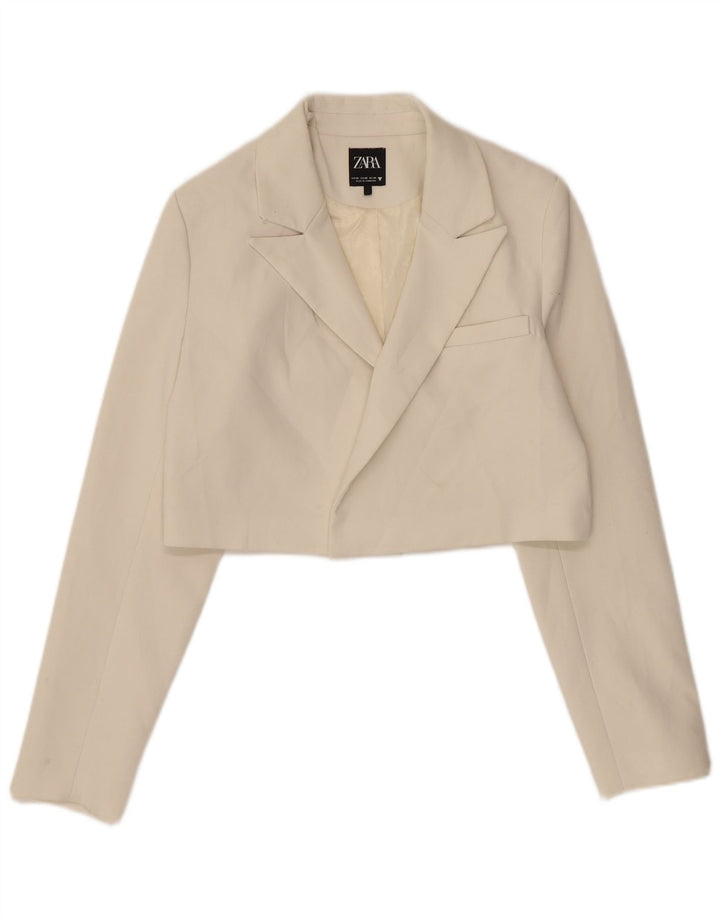 Zara Damen Crop Open Blazer Jacke UK 6 XS Off White Polyester