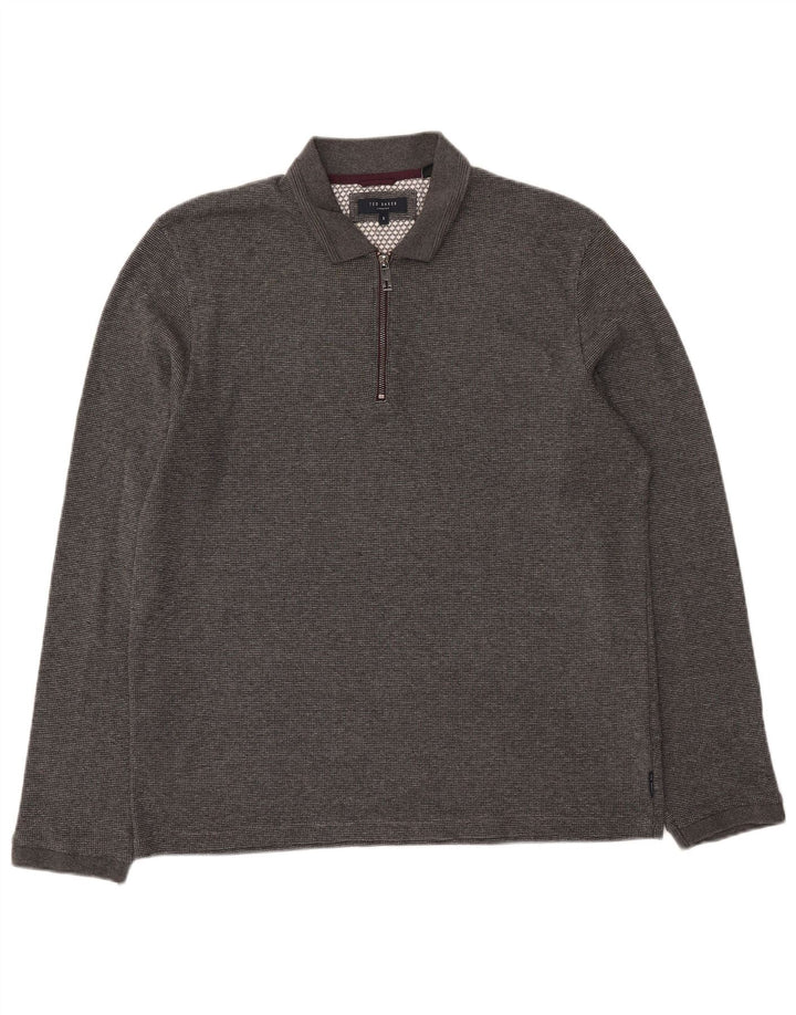 Ted Baker Herren-Langarm-Poloshirt, Größe 5, XL, grau meliertes Polyester