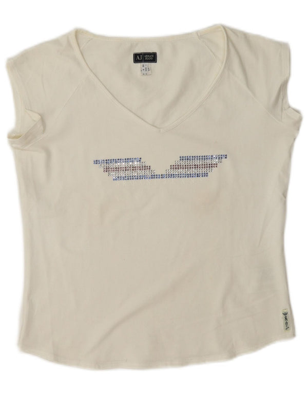 Armani Jeans Damen Crop Graphic T-Shirt Top UK 10 Small Weiße Baumwolle