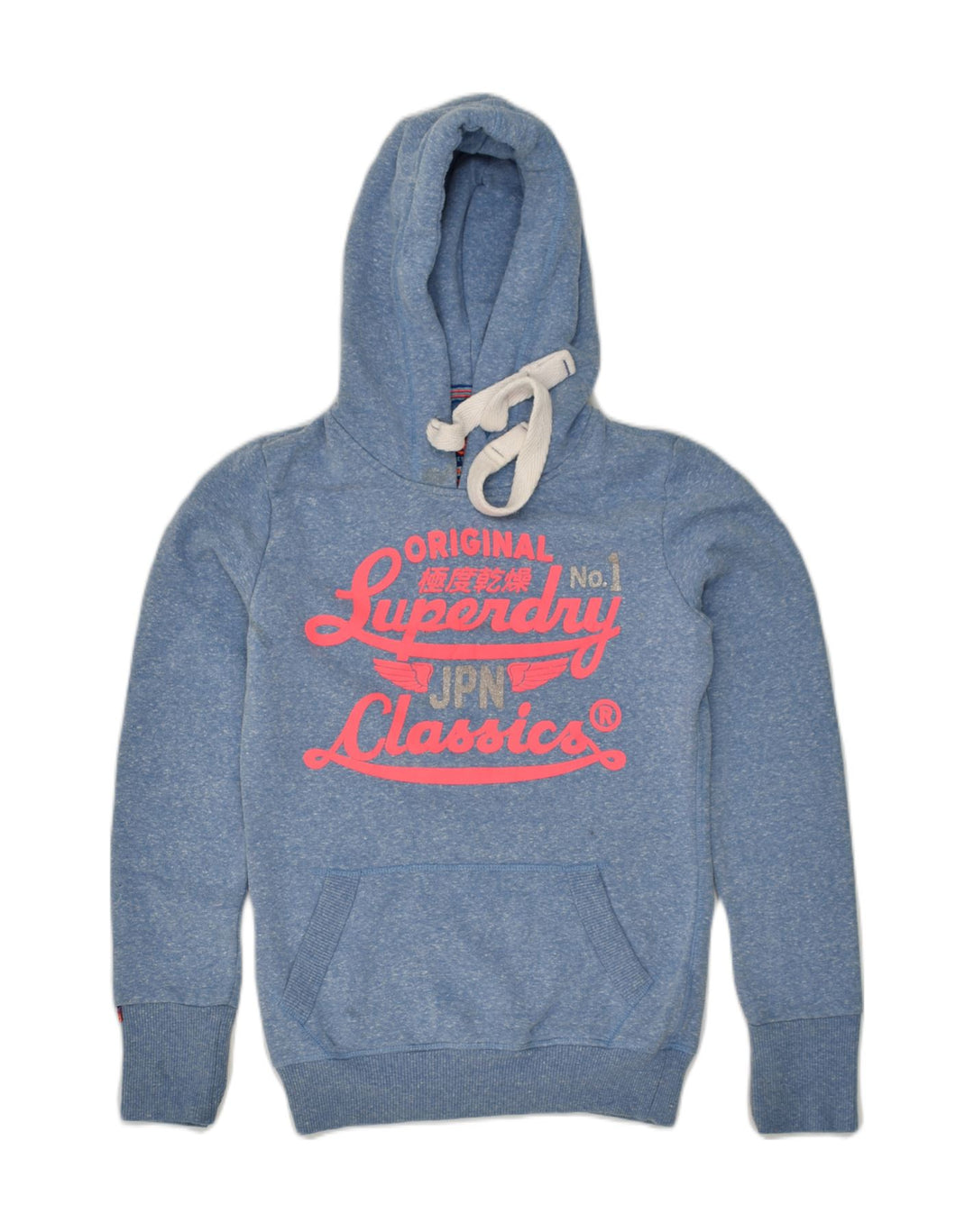 SUPERDRY Womens Graphic Hoodie Jumper UK 2 2XS Blue Polyester | Vintage Superdry | Thrift | Second-Hand Superdry | Used Clothing | Messina Hembry 