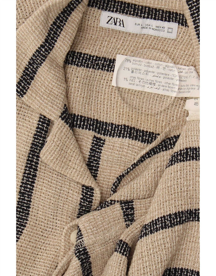Zara Herren-Kurzarmhemd, groß, beige, gestreift, Baumwolle