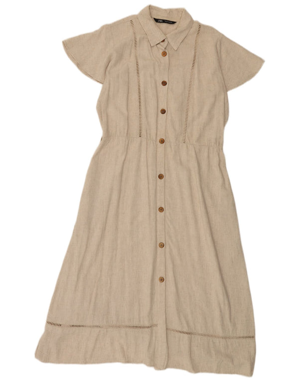 Zara Damen Kurzarm-Hemdkleid UK 16 Large Beige