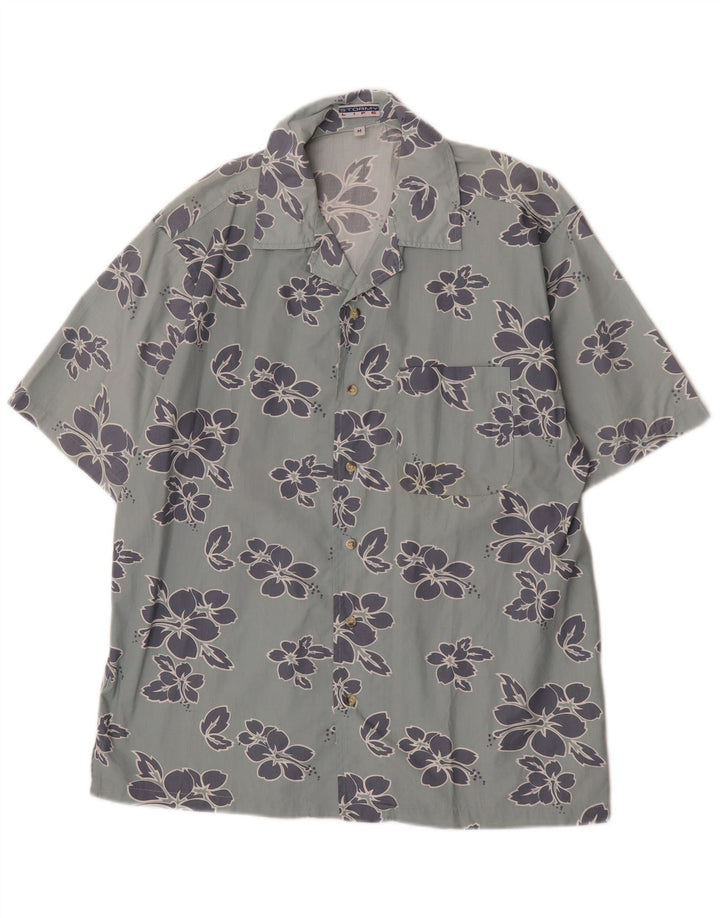 Vintage Herren-Kurzarmhemd aus mittelblauer, geblümter Baumwolle