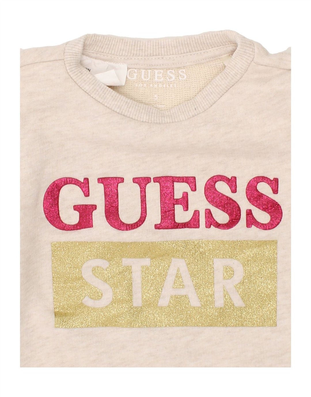 GUESS Girls Graphic Sweatshirt Jumper 4-5 Years Beige Vintage Guess and Second-Hand Guess from Messina Hembry 