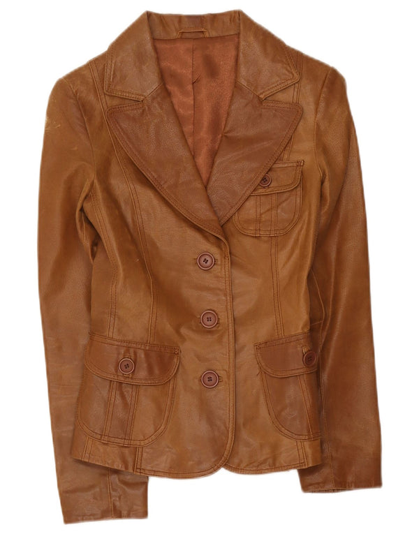 Bay Womens 3 Button Leather Blazer Jacket UK 10 Small Brown
