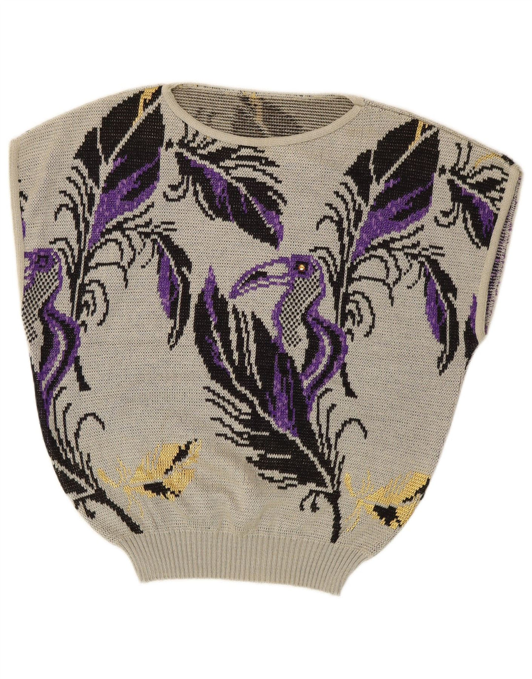 VINTAGE Ärmelloser Damen-Pullover mit U-Boot-Ausschnitt, Gr. 14, groß, grau geblümt