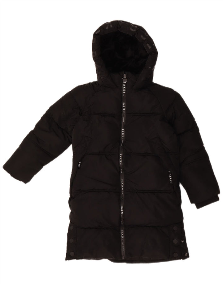 Ted Baker Wattierter Mantel mit grafischer Kapuze für Mädchen, 7–8 Jahre, schwarzes Polyester