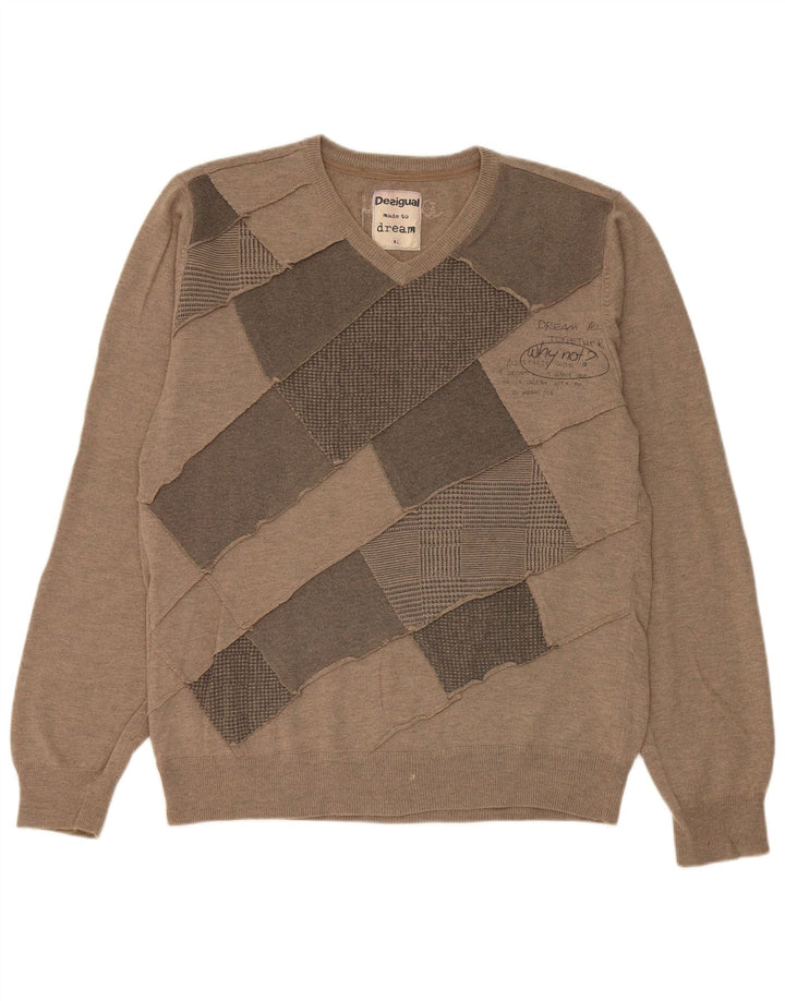 Desigual Herren V-Ausschnitt Pullover Pullover XL Braun Patchwork Wolle Modern