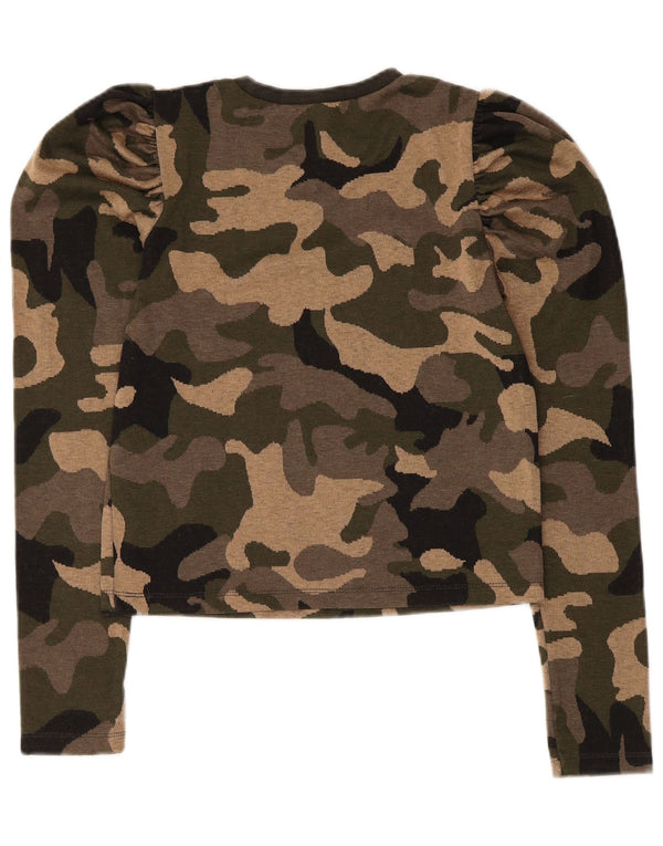 Zara Damen Crop Top Langarm UK 10 Small Khaki Camouflage