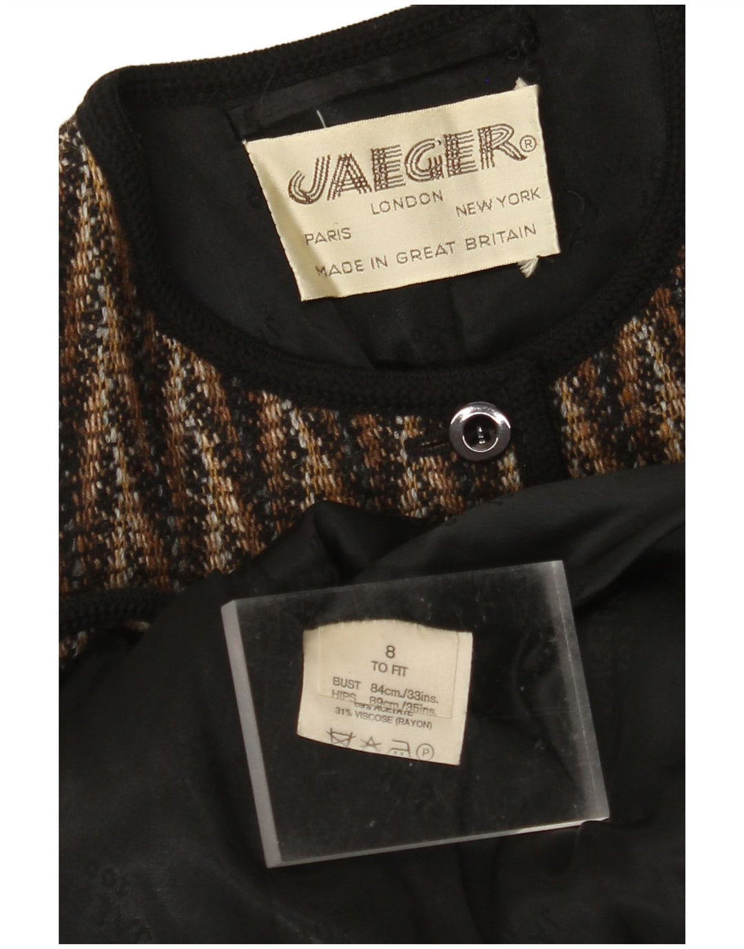 JAEGER Damen-Blazerjacke mit 7 Knöpfen, UK 8, kleine braune Chevron-Wolle