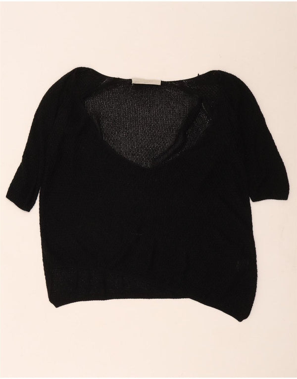 Zara Womens Short Sleeve V-Neck Jumper Sweater UK 12 Medium Black Acrylic