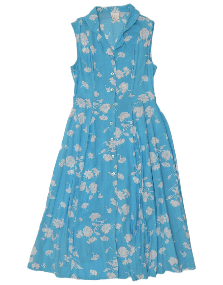 VINTAGE Damen Ärmelloses Maxikleid UK 14 Große blaue Viskose mit Blumenmuster