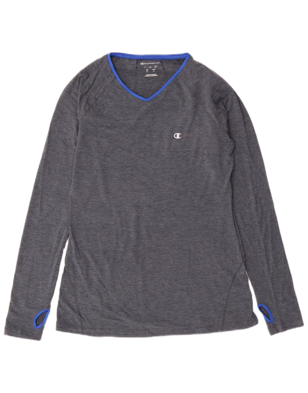 Champion Damen Top Langarm UK 12 Mittelblaues Nadelstreifen-Polyester