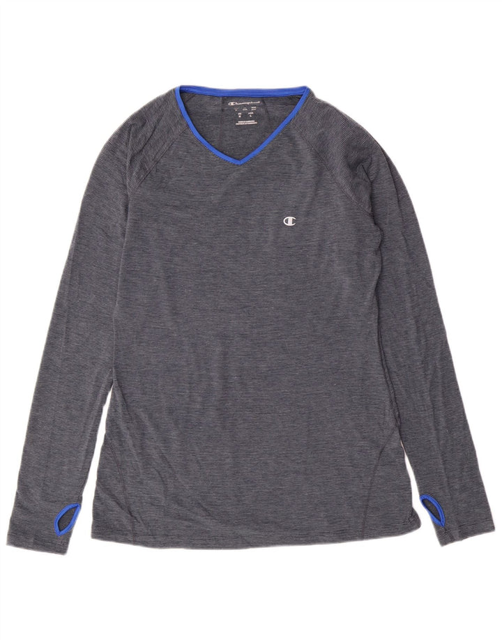 Champion Damen Top Langarm UK 12 Mittelblaues Nadelstreifen-Polyester