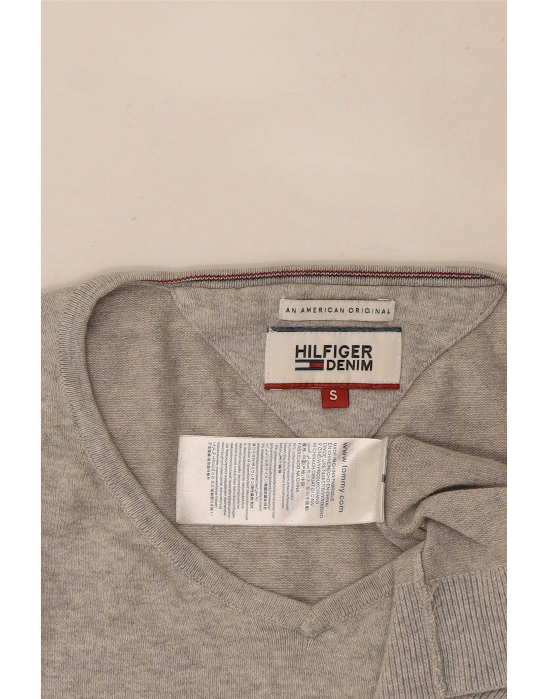Tommy Hilfiger Herren-Pullover mit V-Ausschnitt, Größe S, graue Baumwolle