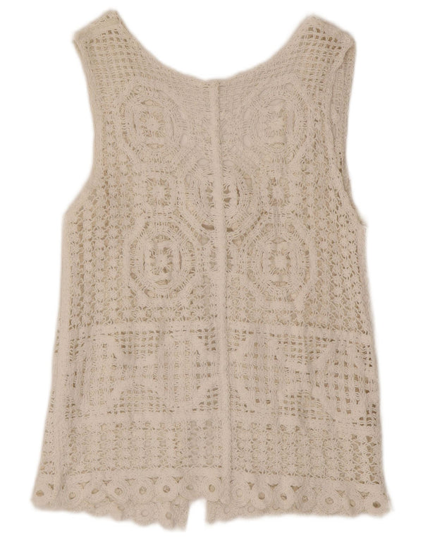 Vintage Damen Ärmelloses Häkel-Cardigan-Top UK 14 Mittelweiß