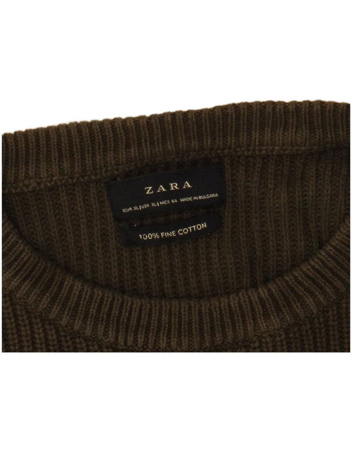 Zara Herren-Pullover mit Rundhalsausschnitt, XL, Khaki, Baumwolle