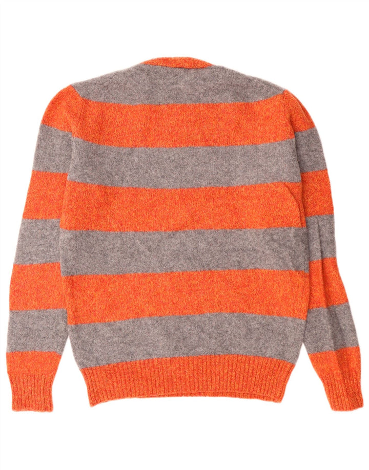 BENETTON Herren-Pullover mit Rundhalsausschnitt, klein, orange gestreifte Schurwolle