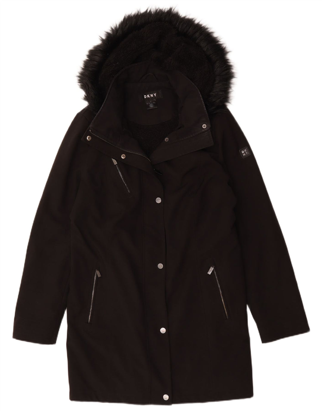 Dkny Damen Sherpa-Mantel mit Kapuze, UK 16, Größe L, Schwarz, Polyester