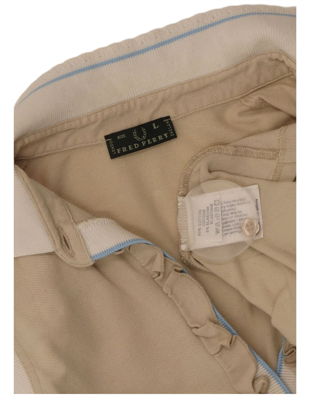FRED PERRY Damen-Poloshirt mit Rüschen vorne, UK 14, Größe L, Beige, Farbblock