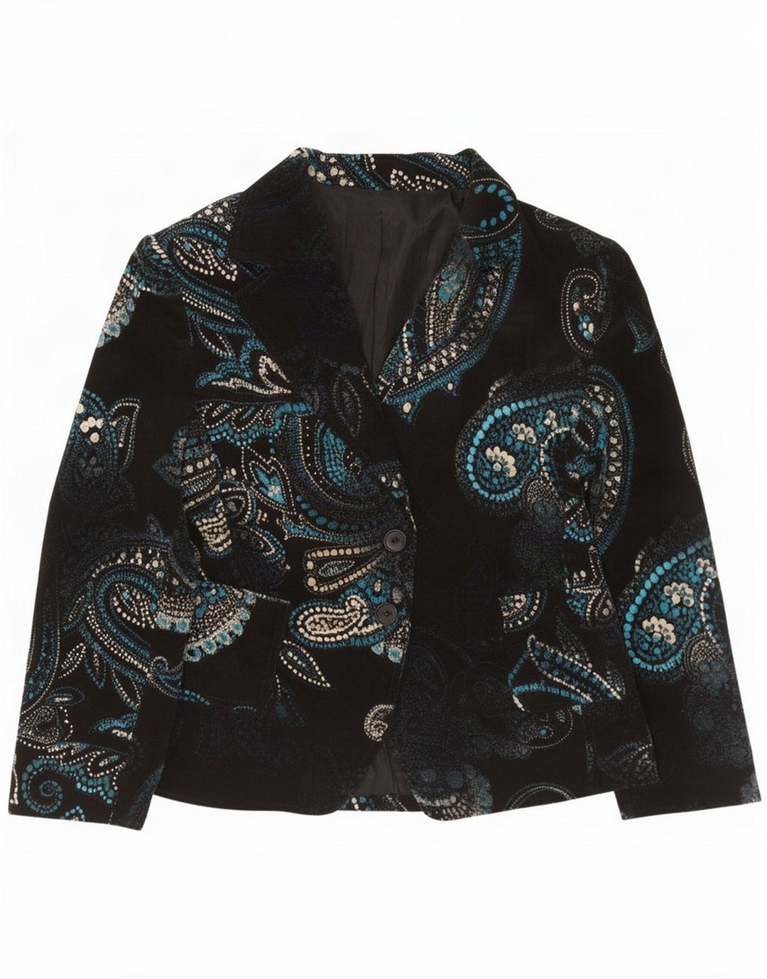 Vintage Damen 2-Knopf-Blazerjacke IT 48 XL Marineblaue Paisley-Baumwolle