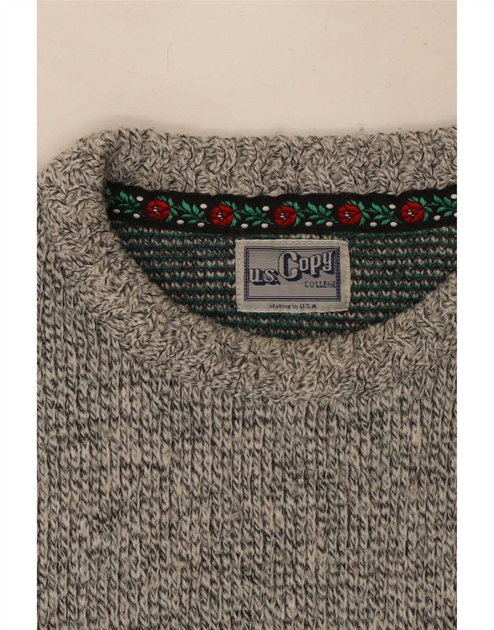 Vintage Herren-Pullover mit Rundhalsausschnitt, groß, graue Fair-Isle-Wolle