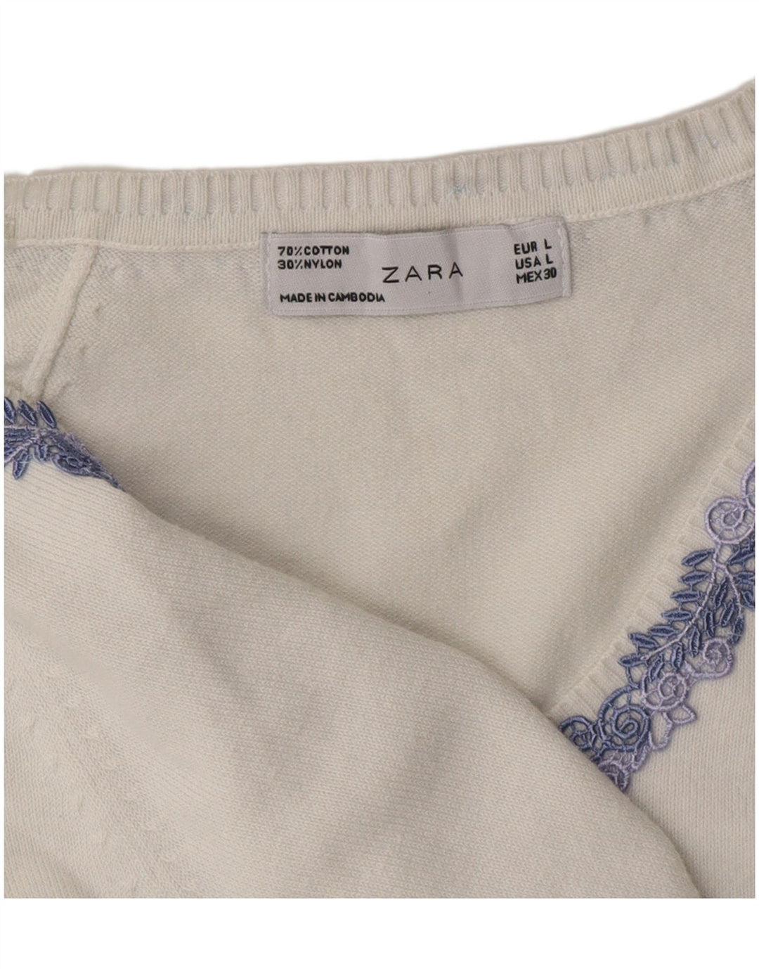 ZARA Damen-Pullover mit V-Ausschnitt, Gr. 44, Größe L, weiße Baumwolle