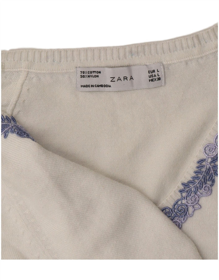 ZARA Damen-Pullover mit V-Ausschnitt, Gr. 44, Größe L, weiße Baumwolle